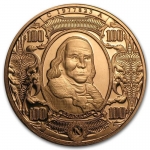 1 Unze Copper Round $100.00 Benjamin Franklin Banknote...
