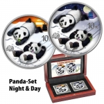 2 x 30 g Silber Panda Set Night & Day 2022 China Farbig in Etui Jubiläums-Ausgabe - 40 Jahre Panda