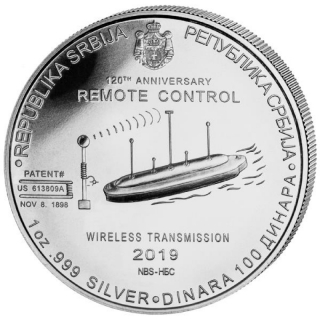 2019 Republic of Serbia 1 oz Silver 100 Dinar Nikola Tesla Remote Control BU 