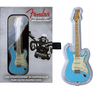 1 ounce silver Solomon Islands 2023 Proof Fender Stratocaster - DAPHNE BLUE - Guitar Shaped Coin 2 $ Color