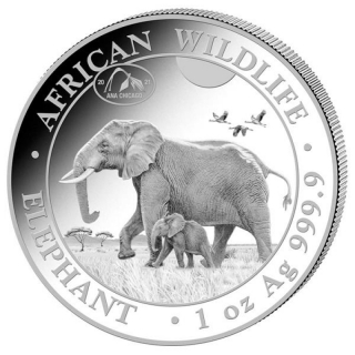 1 Oz Silver Somalia 100 Sh Wildlife Elephant ANA Chicago 2021