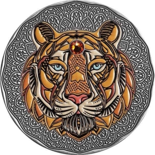 2 oz Silver Niue 2022 - TIGER - Mandala Art - Antique Finish Color 5$