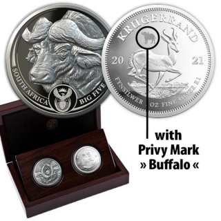 2 x 1 oz Silver South African Big Five Leopard and Krugerrand Privy Buffalo 2021 Proof