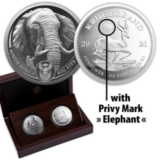 2 x 1 Unze Silber Big Five Serie II Elefant und Krügerrand mit Privy Elefant Südafrika 2021 Proof
