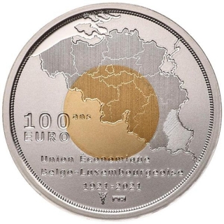 100 Euro Belgium-Luxembourg Bimetall Gold & Silver 2021 Economic Union 100 Years Proof
