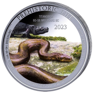 1 Ounce Silver  Congo 2023 BU Coloured - TITANOBOA - Series Prehistoric Life - 20 Frs - Greatest Snake on Earth