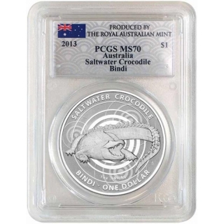 PCGS MS-70 2013 $1 Australian Saltwater Crocodiles Bindi in capsule 1oz Silver