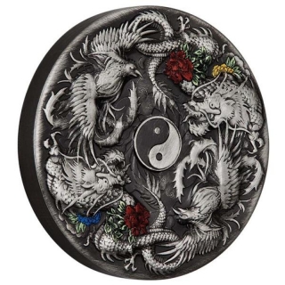 Tuvalu 2021 $2 Chinese Mythical Creatures - Chinese Mythical Creatures - Double Dragon & Double Phoenix  2oz Antique Silver Proof
