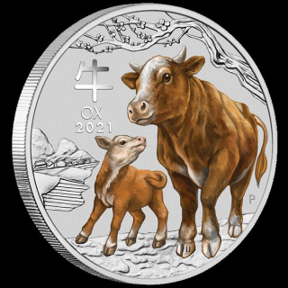 2 Unzen Silber Ochse Lunar III 2021 Australien Ox BU farbig