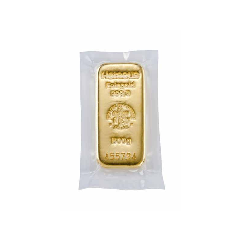 500 g Goldbarren Heraeus 999,99 Gussbarren