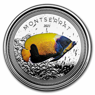 Montserrat,  2 Dollar, 2021 Blaugürtel-Kaiserfisch (04)  EC8 1 Unze Silber, 1 oz  farbig Proof