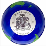 3 Unzen Silber Barbados 2022 - BLUE MARBLE Spherical Coin - Green Planet Earth 2022