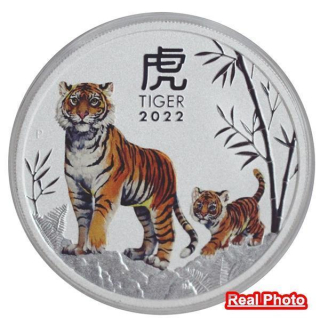 5 Unzen Silber Australien 2022 BU - Lunar Tiger farbig coloriert Lunar III - Jahr des Tigers - Perth Mint