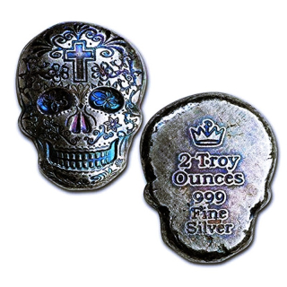 2 Unzen Silber Motivbarren - Skull Tag des Todes - Dia de los Muertos - Pokerface - Handmade Blau / Blue
