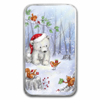 1 Unze Silber Motivbarren - Baby Polarbär Eichhörnchen und Vögelchen - Winterszene - BU Color