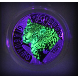 Italien 5 Euro 2022 Proof - JAGUAR - UV - Effekt / Nachtleuchtend - Bedrohte Tierarten Serie - Glow-in-the-Dark