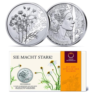 Österreich 10 Euro Silber - KAMILLE - 2023 Coin Card HGH Handgehoben -Mit der Sprache der Blumen