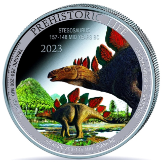 1 Unze Silber Kongo 2023 BU - STEGOSAURUS - Farbig Color - Serie Prehistoric Life - Ausgabe 12 - 20 Frs - VORVERKAUF