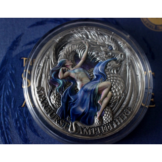 2 oz Kamerun 2023 - STARBURST AMPHITHERE DRAGON - Allsehendes Auge - DRAGONOLOGY Ausgabe 2 - Antique Finish - 2000 Francs
