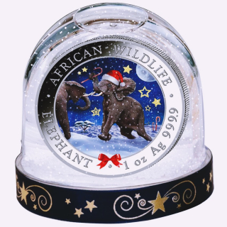 1 oz Somalia 2024 ELEFANT - Weihnachts Schneekugel - WEIHNACHTSMÜNZE - Wildlife - Farbig - Color