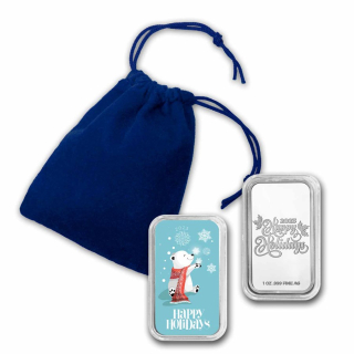 NEU* 1 Unze Silber Motivbarren - POLARBÄR - Winterszene - Happy Holidays - BU Color