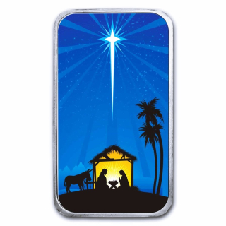 NEU* 1 Unze Silber Motivbarren - JESUS CHRISTI GEBURT - Stern von Bethlehem - BU Color