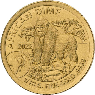 0.1 g Gold Ruanda 2022 BU - BERGGORILLA - African Dime Mountain Gorilla - 10 RWF