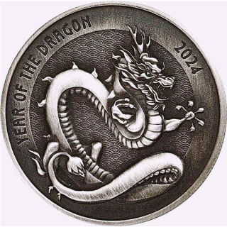 NEU* 2 oz Silber Round 2024 Antique Finish - DRACHE - Jahr des DRACHEN - Lunarserie - 1. Lunar Round in 2 oz  - Auflage 188 !