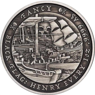 AURINUM*WEIHNACHTSANGEBOT* 1 oz Tuvalu 2023 Antique - THE FANCY Henry Every König der Piraten - Silber antique finish - Black Flag serie - 1$