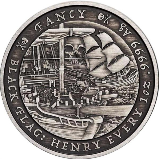 NEU* 1 oz Silber Tuvalu 2023 Antique Finish - THE FANCY Henry Every König der Piraten - Black Flag serie - 1$