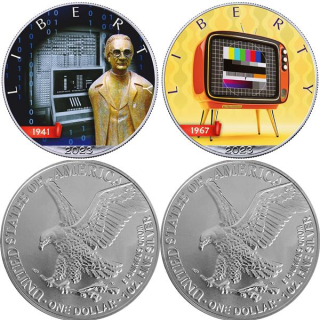 NEU*  2 x 1 oz SilberSET American Eagle 2023 - COMPUTER + FERNSEHEN - ERFINDUNGEN serie 7+8 - Liberty Color farbig