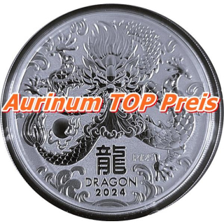 5 oz Silber Australien 2024 BU - DRACHE - JAHR des DRACHEN - LUNAR DRACHE -  8 AU$ - Silberdrache - Differenzbesteuert