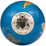 5 oz silber Barbados 2024 - BLUE MARBLE GLOW-in-the-DARK Spherical Coin - 3-dimensional - ERSTE-5-UNZEN-BLUE-MARBLE-Auflage 555!