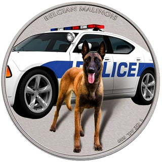 1 oz Niue 2016 Antique Finish - Belgischer MALINOIS Schäferhund - Polizeihund DIESEL - Serie Watch and Guard Dog - 1 NZ$ - EINZELSTÜCK !