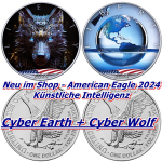 NEU* 2 x 1 oz SilberSET USA American Eagle 2024 - KI CYBERWOLF + CYBEREARTH - Serie KÜNSTLICHE INTELLIGENZ 5+6 - Liberty Color farbig