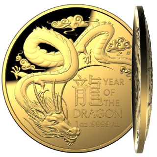 1 oz GOLD Australien 2024 Proof - DRACHE DOME SHAPE - Jahr des Drachen - Lunar serie - 100 AUD - Auflage 250