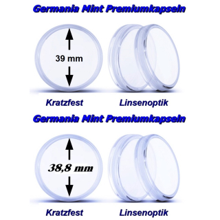 39.0 + 38,8  mm Germania Mint Münzkapsel SET Premium Qualität Linsenoptik - Original Germania Qualität
