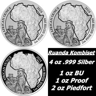 NEU* 4 oz SILBER-SET Ruanda 2024  - LEOPARD - ALLE 3 AUSGABEN - African Ounce - 50 RWF - Afrikanische Wildtiere