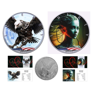 NEU* 2 x 1 oz SET USA 2024 BU - KI-ADLER / EAGLE + CYBER GIRL - American Eagle Serie KÜNSTLICHE INTELLIGENZ - Liberty Color silber farbig - Ausgaben 7+8