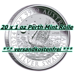 20 x 1 oz Originalrolle Schwan 2024 BU Australien 1 AU$ Perth Mint Serie Schwäne  - Erstmals mit King Charles III. auf der Wappenseite - versandkostenfrei !