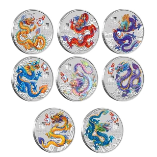 NEU* 8 x 1/2 oz ColorSet Australien 2024 - DRACHE - JAHR des DRACHEN - LUNAR DRACHE -  50 AUcent - Silberdrachen farbig