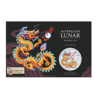 AURINUM*SUMMER*SALE** 1 oz Australien 2024 - GOLDENER DRACHE - Golden Dragon COIN CARD - ANA Chicago Coin Show - JAHR des DRACHEN - LUNAR DRACHE - 1 AU$ - Silberdrache