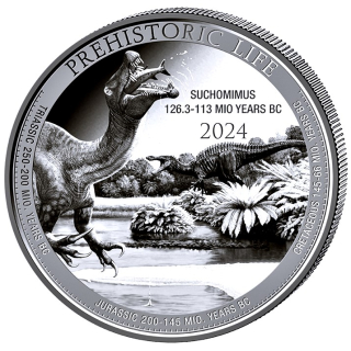 AURINUM*TOP*ANGEBOT** 1 oz Kongo 2024 - SUCHOMIMUS - Krokodil-Nachahmer - Spinosaurus - Serie Prehistoric Life - Ausgabe 14 - Silber BU 20 Frs