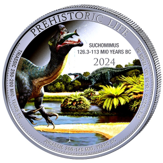 NEU* 1 oz Kongo 2024 COLOR - SUCHOMIMUS - Spinosaurus - Serie Prehistoric Life - Ausgabe 14 - Silber BU - 20 Frs