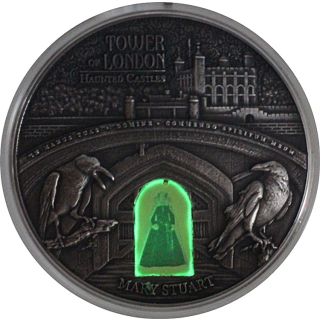 2 oz Ghana 2019 -  MARIE STUART Tower of London Haunted Castle - GLOW-in-the-Dark - Silber Antique Finish 10 Cedis