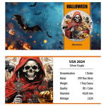 NEU*HALLOWEEN* 3 x 1 oz USA American Eagle 2024 HEULENDE WÖLFE + BÖSES SKELETT + GEISTERHAUS - Silber Halloween Edition - Color