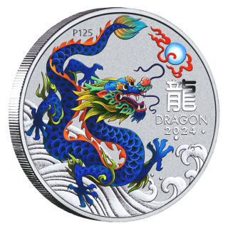 NEU* 1 oz Australien 2024 - PETROL DRACHE - PETROL - TEAL - DRAGON - JAHR des DRACHEN - LUNAR DRACHE - 1 AU$ - Silberdrache