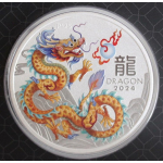 NEU* 1 oz Australien 2024 - DRACHE - Goldener Drache - Golden DRAGON - JAHR des DRACHEN - LUNAR DRACHE - 1 AU$ - Silberdrache color farbig