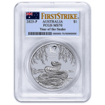 1 oz Australien 2025 PCGS MS70 - SCHLANGE - JAHR der SCHLANGE - LUNAR III serie - 1 AU$ - Silberschlange - First Strike Flag Label  - Australische Flagge - 1 AU$