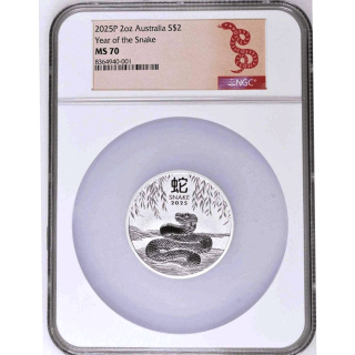 Christmas*Top*Angebot* 2 oz Australien 2025 - NGC MS70 - SCHLANGE - Jahr der SCHLANGE - ZERTIFIZIERT Silber 2 AU$